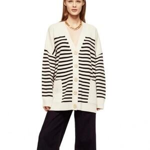 Zara Black Ecru Striped Oversized Wool V-neck Cardigan Chunky Buttons Sz Medium